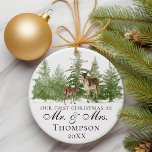 Notre Premier Noël En Tant Que M. Et Mme Custom Ru<br><div class="desc">Célébrez une occasion capitale avec notre "Notre premier Noël en tant que Monsieur et Madame". Ornement Rustique Personnalisé. Cet ornement de Noël personnalisé est le cadeau parfait pour un couple marié, leur permettant de chérir leur premier Noël ensemble en tant que mari et femme. Décoré d'un charmant cerf et d'une...</div>