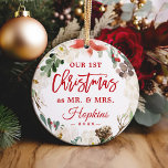 Notre premier Noël en tant que Monsieur Mme Floral<br><div class="desc">**** N'oubliez pas de télécharger votre photo préférée au dos. Si vous n'avez pas besoin du placement photo, vous pouvez le retirer à l'aide de l'outil de design ***** Célébrez votre premier Noël Marié avec cet Ornement photo Poinsettia en couronne de fleurs. Ajoutez une photo et un texte préférés à...</div>