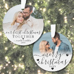 Notre premier Noël Ensemble Couple 2 Photo<br><div class="desc">Personnalisé Notre Premier Noël Ensemble Ornament. Célébrez votre première saison de vacances avec cet élégant ornement personnalisé, parfait pour capturer la joie de votre relation. L'avant offre de l'espace pour une photo chère de vous deux, ornée de l'expression "Notre premier Noël Ensemble" dans une belle calligraphie script et une police...</div>