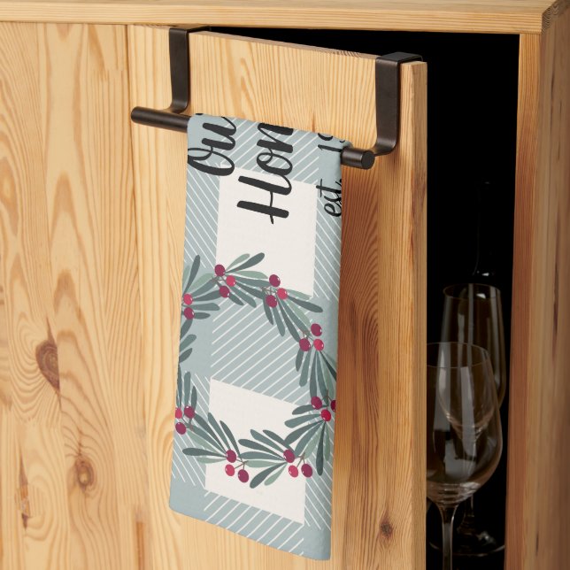 Notre serviette de cuisine à carreaux bleus/verts  (Pliage en tiers)
