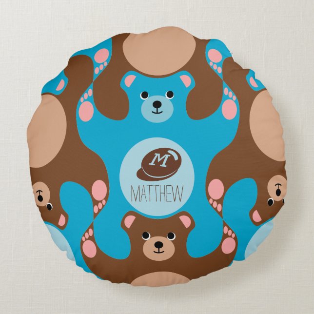 Nounours bleu marron Monogramme enfant Coussin ron (Dos)