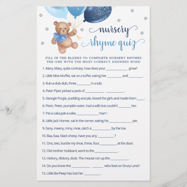 Nourrisson Rhyme Quiz Jeu Baby shower Teddy Bear (Devant)