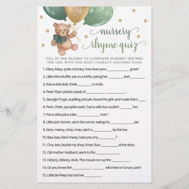 Nourrisson Rhyme Quiz Jeu Baby shower Teddy Bear (Devant)