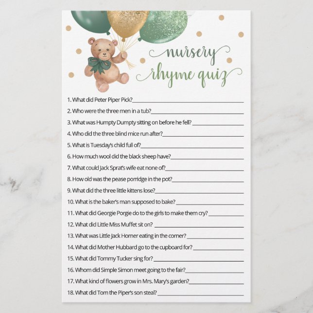 Nourrisson Rhyme Quiz Jeu Baby shower Teddy Bear (Devant)