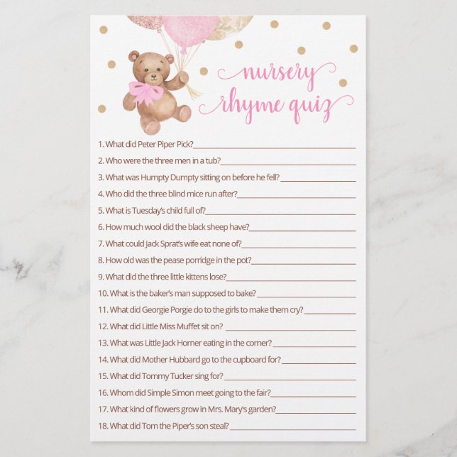 Nourrisson Rhyme Quiz Jeu Baby shower Teddy Bear (Devant)