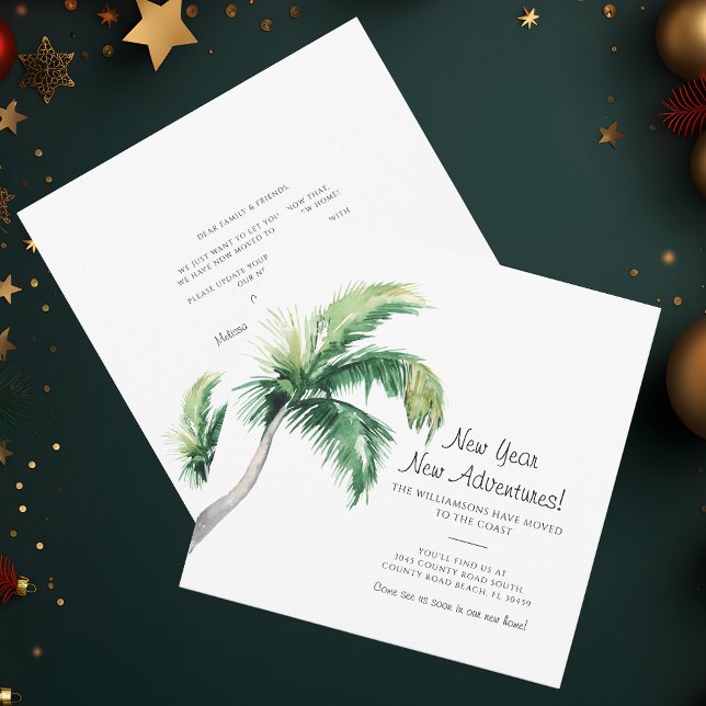 Nous avons déménagé le Nouvel An Faire-part (Christmas Holidays Family Moving Announcement Palm Tree Beach House)