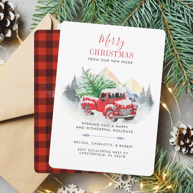 Nous avons déménagé Noël vacances Faire-part de dé (Christmas Red Truck Christmas Tree Plaid Moving Announcement)