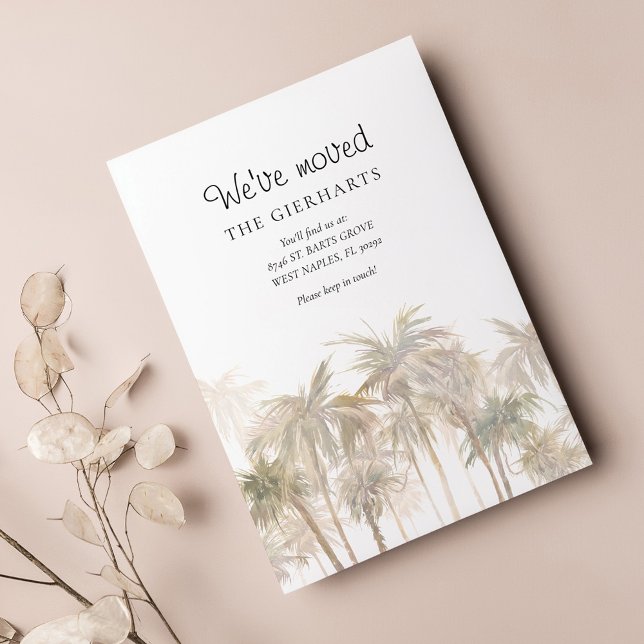 Nous avons déplacé des palmiers côtiers en mouveme (Tropical Palm Trees Watercolor Moving Announcement)