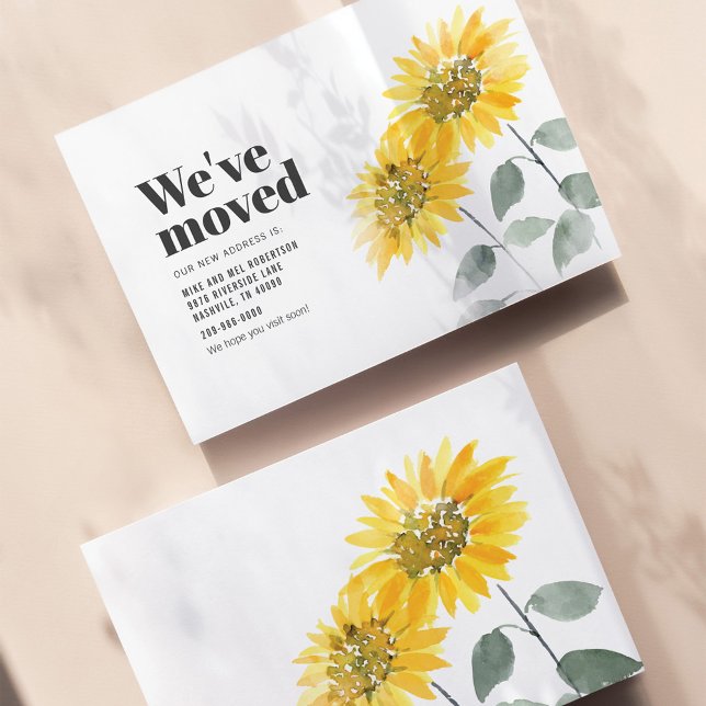 Nous avons déplacé le Faire-part de tournesol (Sunflower Watercolor Floral Moving Announcement)