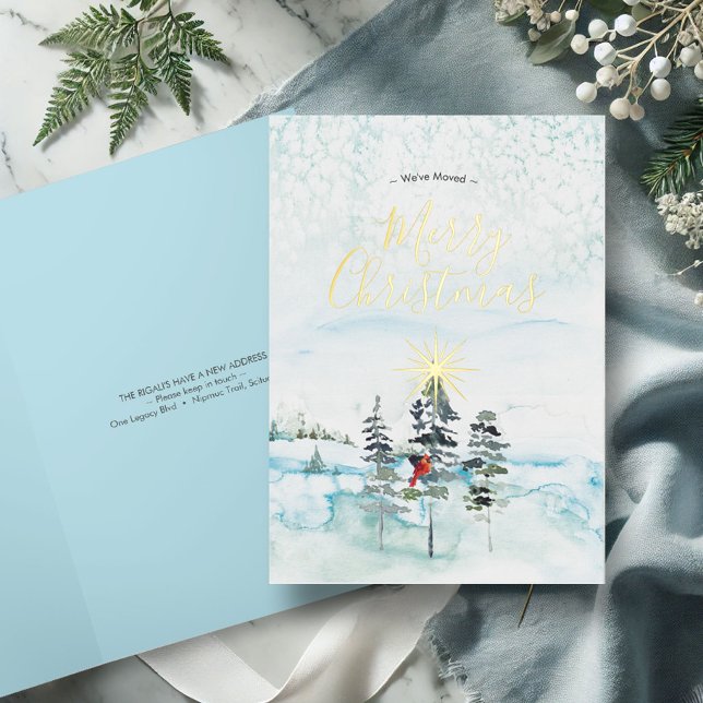Nous avons déplacé les cartes de Noël aquarelle (Merry Christmas cards watercolor pine trees and winter scene in shades of blue)