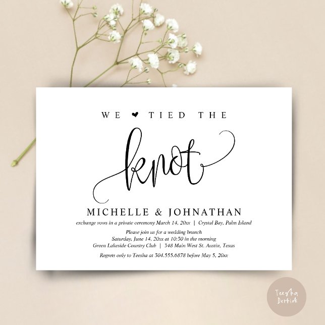 Nous avons noué le nœud, Invitation de mariage fug (We tied the knot, modern wedding elopement dinner party invitation card, PDF, in Black and White)