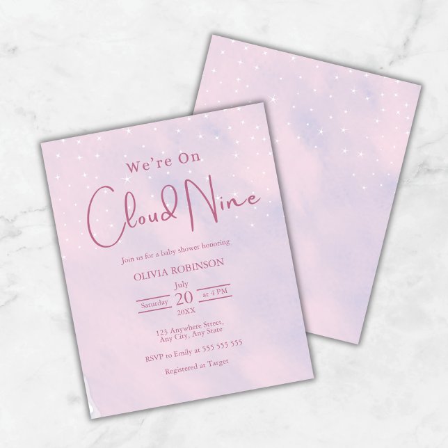 Nous sommes sur le nuage 9 Dreamy Baby shower rose (Budget We're On Cloud 9 Dreamy Pink Girl Baby Shower Invitation   )