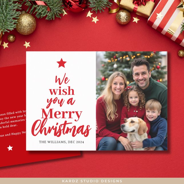 Nous Vous Souhaitons Un Joyeux Carte photo De Noël (Front and back of 5 x 7 inches card is shown. Personalize and choose paper and corner style.)