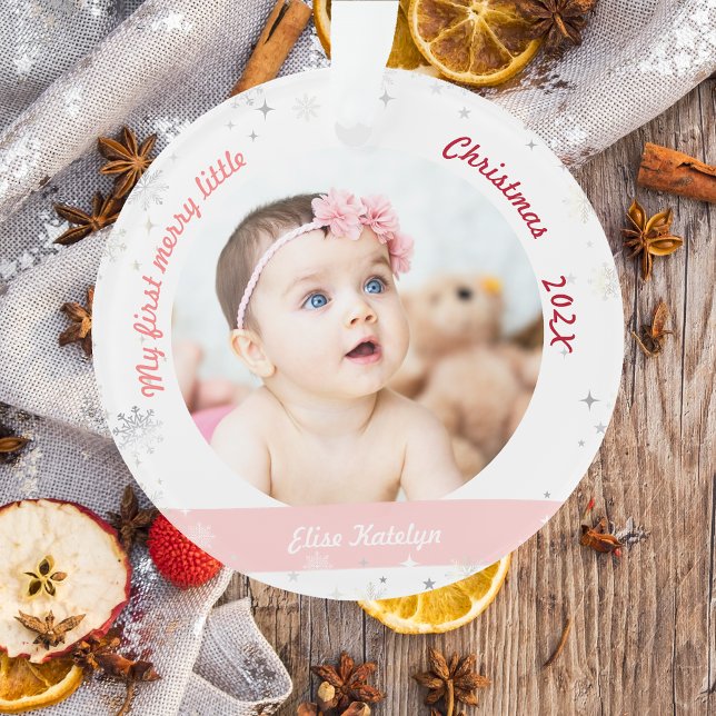Nouveau bébé 2 Photos Mon premier joyeux petit Noë (Modern Elegant Cute My First Merry Little Christmas Baby Personalized Name 2 Photos Snowflakes Stars)