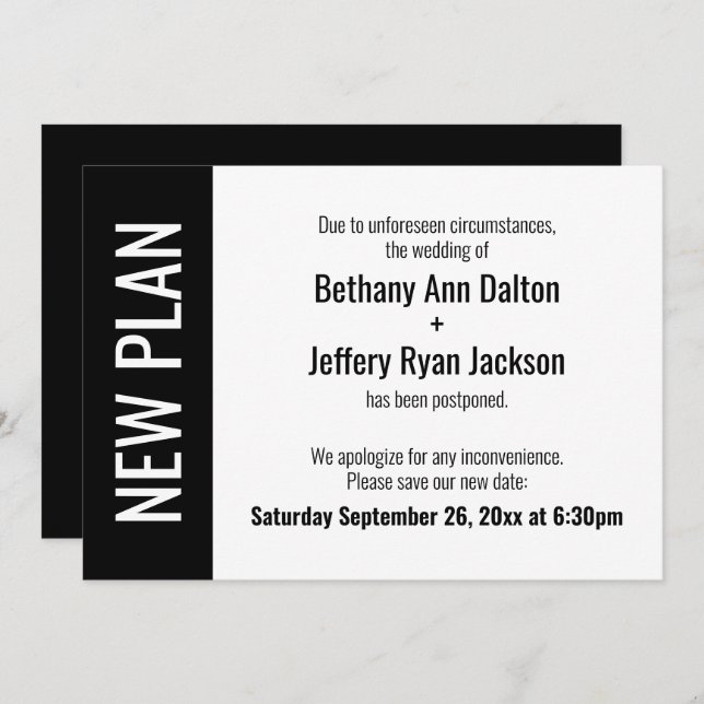 Nouveau plan audacieux, Faire-part Mariage reporté (Devant / Derrière)