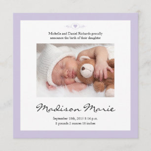 Nouveau poème bébé Faire-part de naissance pourpre