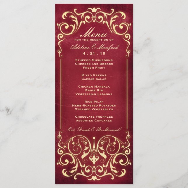 Nouveau Victorian : Menu Mariage rouge & or (Devant)