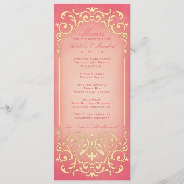 Nouveau Victorian : Raspberry & Gold Menu Mariage (Devant)