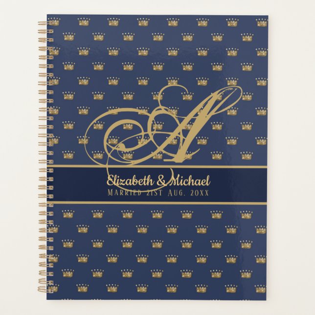 Nouveaux Mariés Monogramme Bleu Nuit Couronne Doré (Devant)