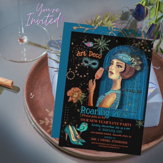 Nouvel An Art Déco Invitation noire Turquoise (Art Deco New Year’s Eve Teal Black Invitation )