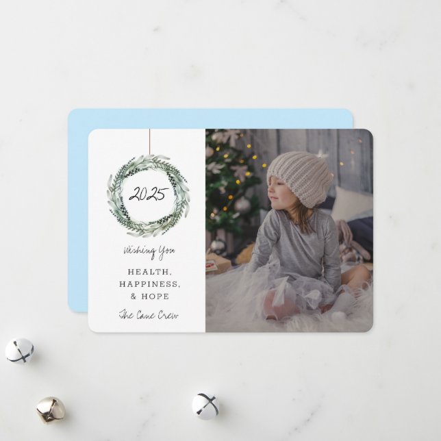 Nouvel An Carte photo Floral Wreath Blue (Devant/Arrière en situation)