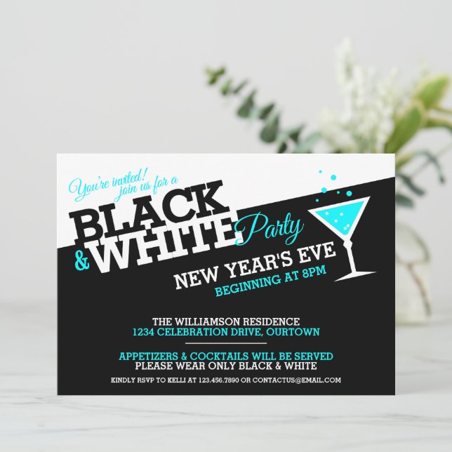 Nouvel An Eve Black and White Party Invitations (Debout devant)