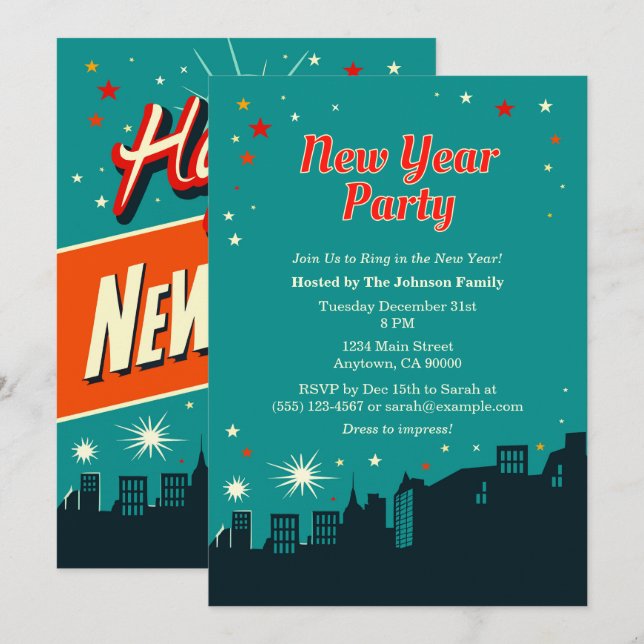 Nouvel An Fête Mi-Siècle Style Moderne Invitation (Devant / Derrière)