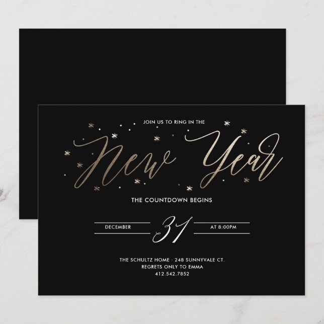 Nouvel an Gold Foil Party Invitation Black (Devant / Derrière)