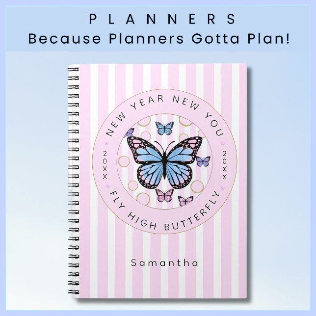 Nouvel An Nouveau Papillon Nom personnalisé Année (Pretty Custom Name Pink and White Candy Striped Planner with Motivational Message for the New Year!)