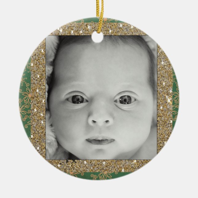 Nouvel ornement de Noël vert et or pour bébé (Devant)