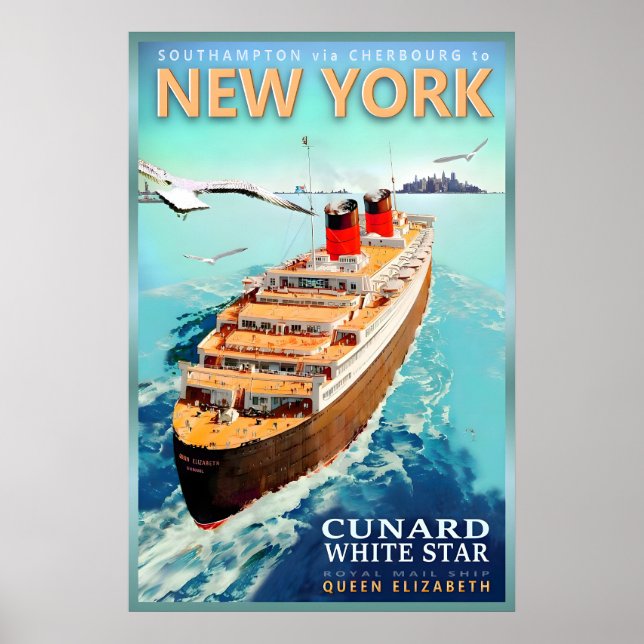 Nouvelle affiche de bateau rétro New York RMS Quee (Devant)