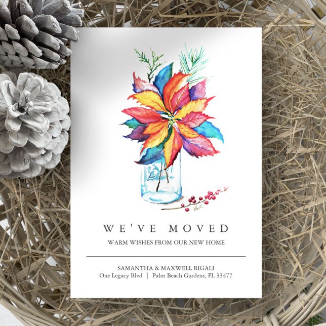 Nouvelle aquarelle de Faire-part de déplacement d' (Christmas moving announcement watercolor poinsettia by Victoria Grigaliunas of Do Tell A Belle)