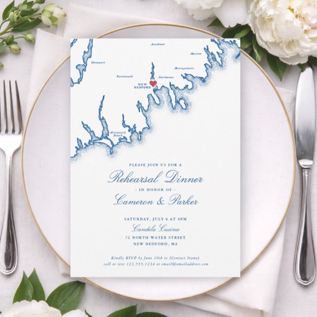 Nouvelle carte de Bedford MA Dîner de répétition d (New Bedford Candela Cucina Wedding  Rehearsal Dinner Invitation in Navy Blue by Coastal Map Designs)