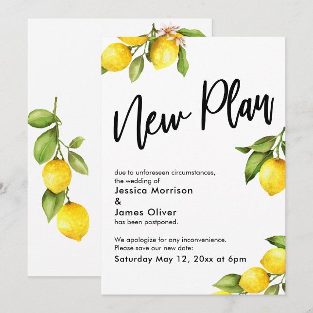 Nouvelle Carte de Mariage Reporté aux Citrons à l' (Devant / Derrière)