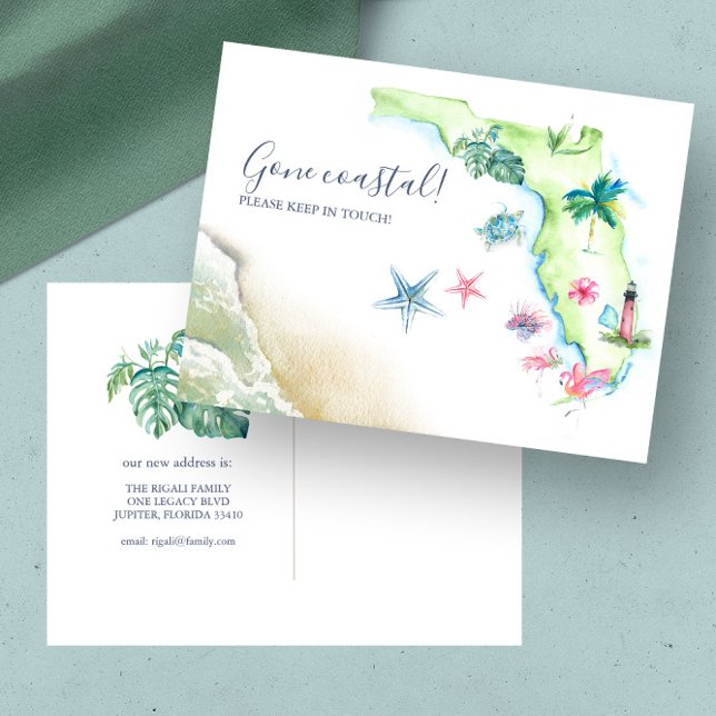 Nouvelle carte postale d'annonce de déménagement p (Florida moving announcement unique watercolor map art by Victoria Grigaliunas of Do Tell A Belle)