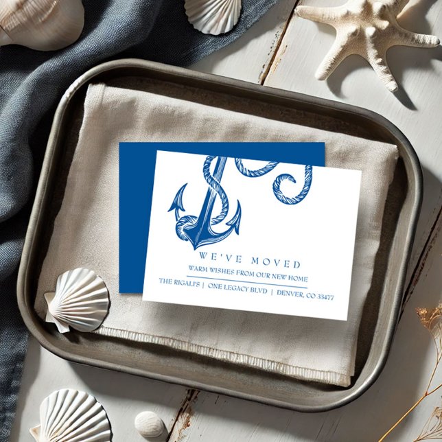 Nouvelle maison côtière Faire-part de déménagement (Beach moving announcement card dark blue anchor.)