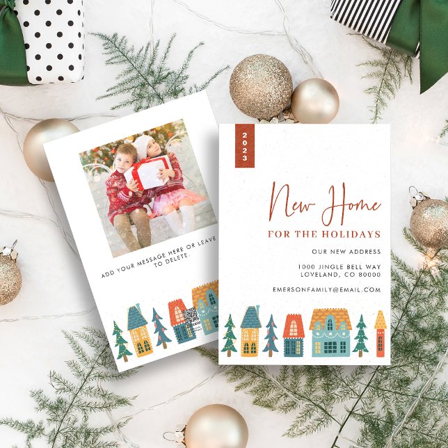 Nouvelle Maison Pour Les Fêtes Carte (New Home For The Holidays Christmas Cards Retro Houses with family photo by Painted Paperie)
