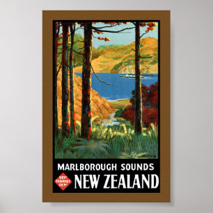 Nouvelle-Zélande Marlborough Sounds Affiche Vintag