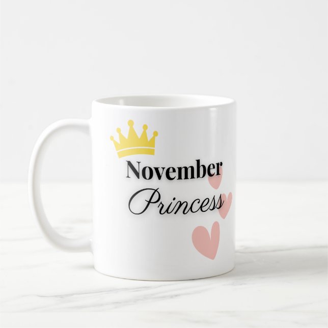 November Princess Mug – Gold Crown & Hearts Design (Gauche)