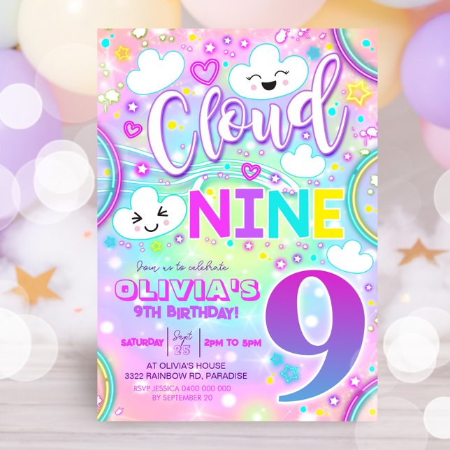 Nuage 9 Invitation d'anniversaire Rainbow Neon (Neon Rainbow Cloud 9 Birthday Invitation)