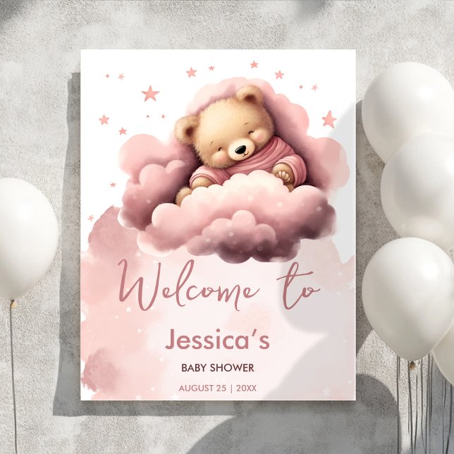 Nuage rose joli ours baby shower affiche de bienve (Cute sleeping bear in pink clouds baby shower)