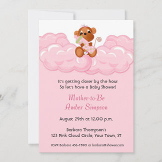 Nuages roses, invitation de baby shower de singe