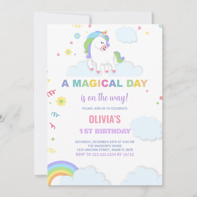 Nuages Unicorn Invitations d'anniversaire (Devant)