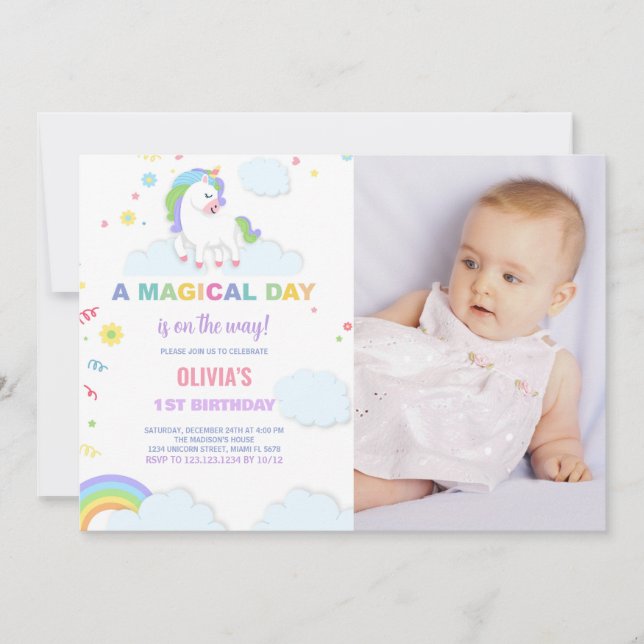 Nuages Unicorn Invitations d'anniversaire avec pho (Devant)