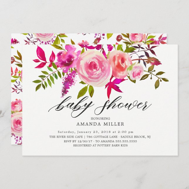 Nuances de rose Baby shower floral Invitation (Devant / Derrière)