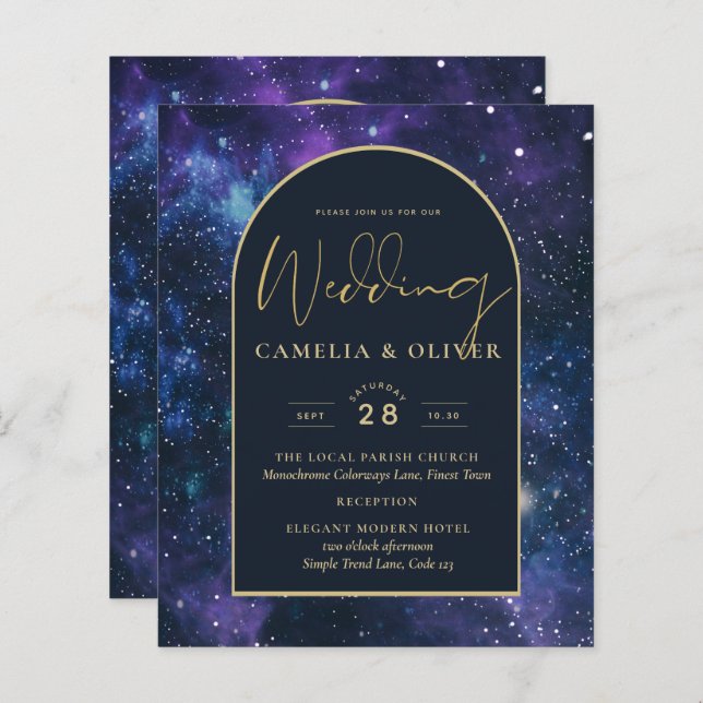 NUDGET Starry Nuit violet bleu mariage INVITE (Devant / Derrière)