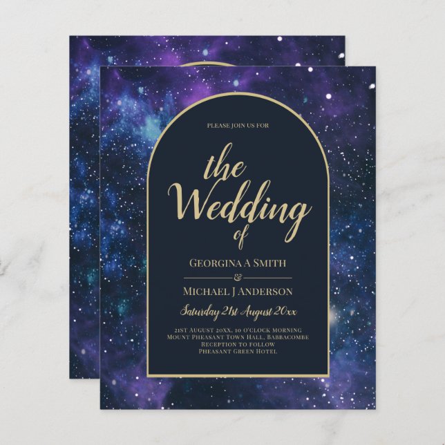 NUDGET Starry Nuit violet bleu mariage INVITE (Devant / Derrière)