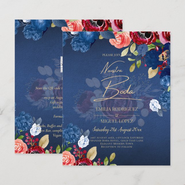 NUESTRA BODA Bourgogne Bleu Floral Faire-Part de M (Devant / Derrière)