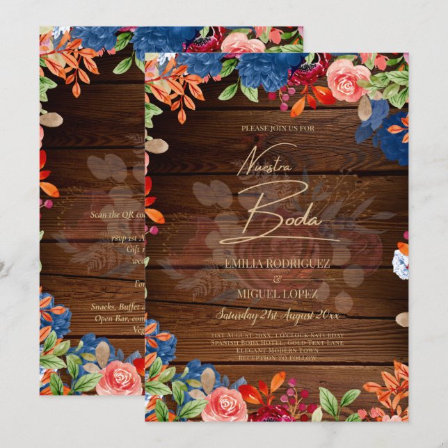 NUESTRA BODA Bourgogne Bleu Floral Faire-Part de M (Devant / Derrière)