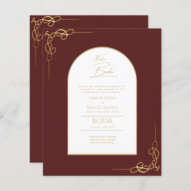 Nuestra Boda Budget Or Accent Invitation bilingue (Devant / Derrière)
